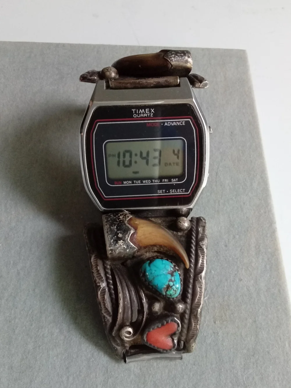 Vintage Timex Digital Watch Southwestern Turquoise Coral Bear‎ Claw Cuff Band
